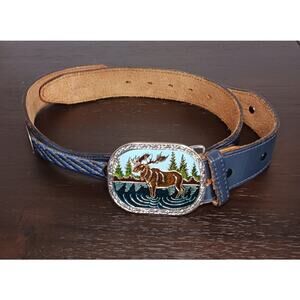 Moose Western Boho USA Men's Blue Leather Belt Size 34